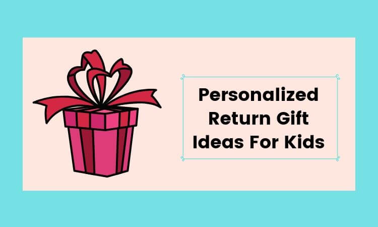 Colorful personalized return gifts for kids like name mugs, custom puzzles, and keychains displayed on a party table.
